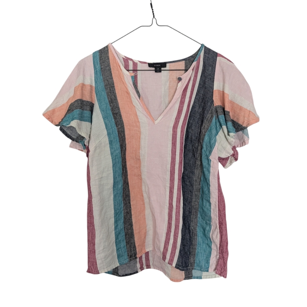 J. Crew Linen Stripe V-Neck SS Top Sz.2
